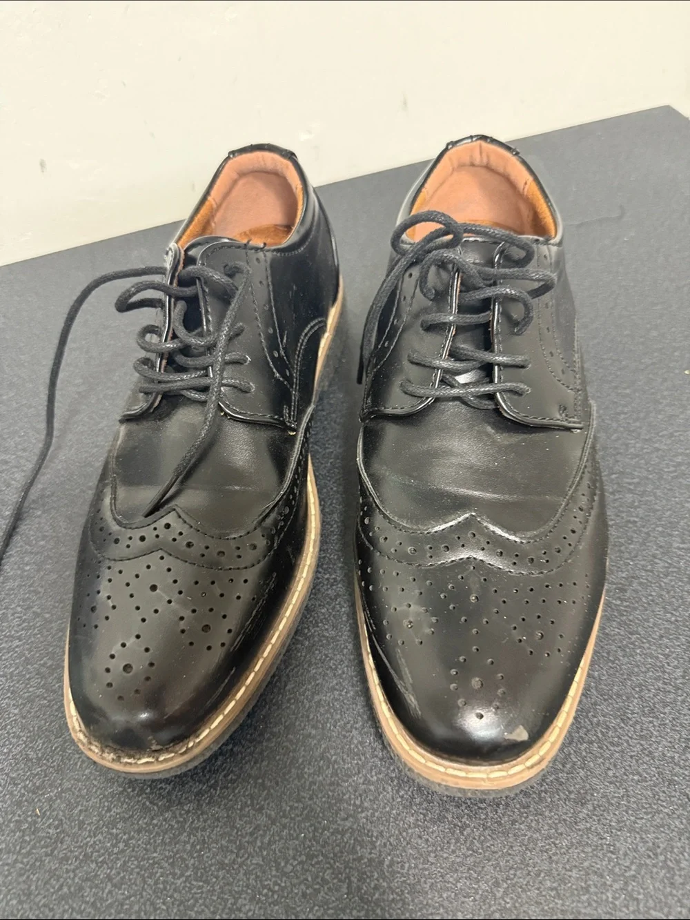 Deer Stags Black Wingtip Brogues with Tan Soles